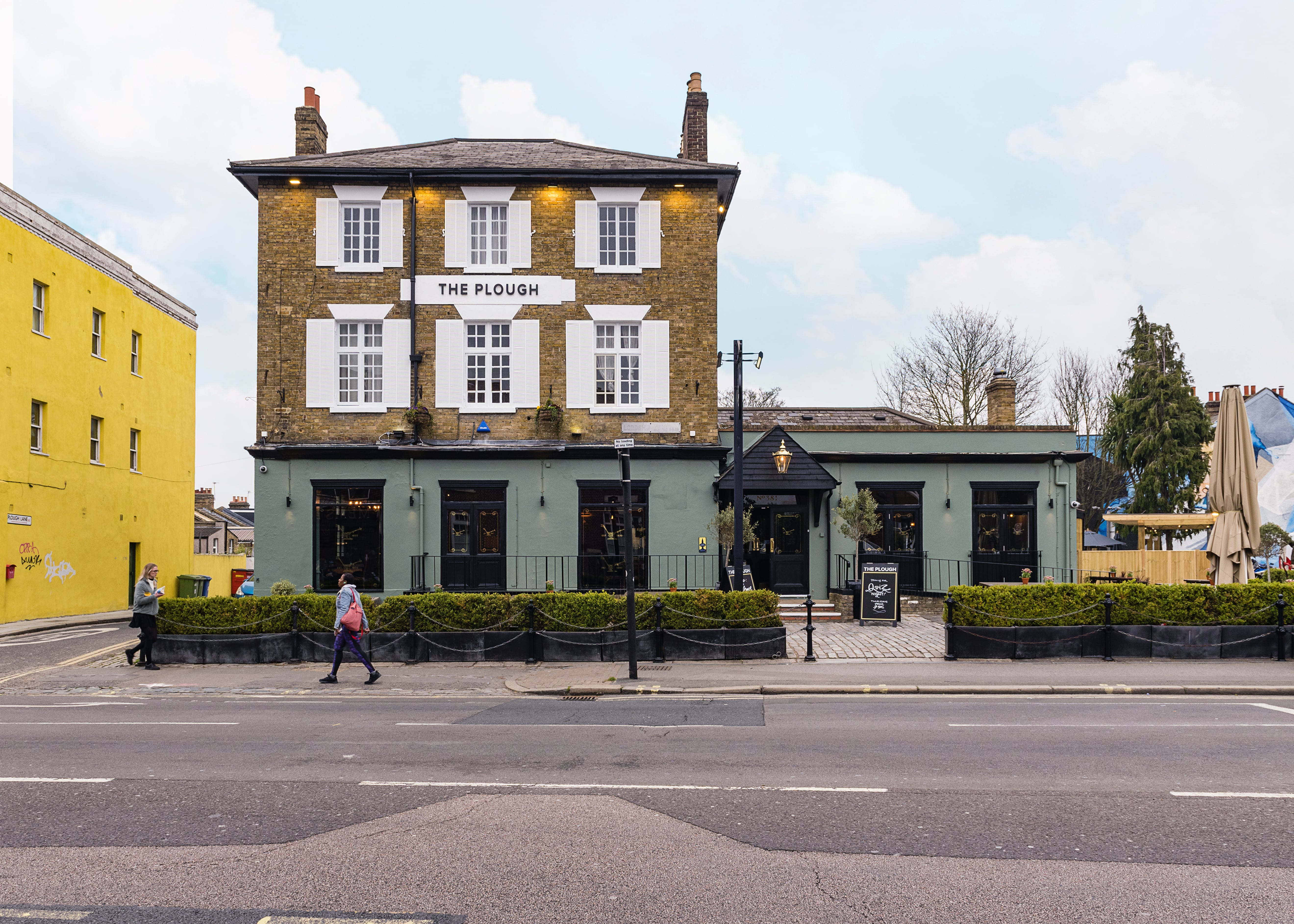 Photograph of the outside redecoration of The Plough Pub Dulwich